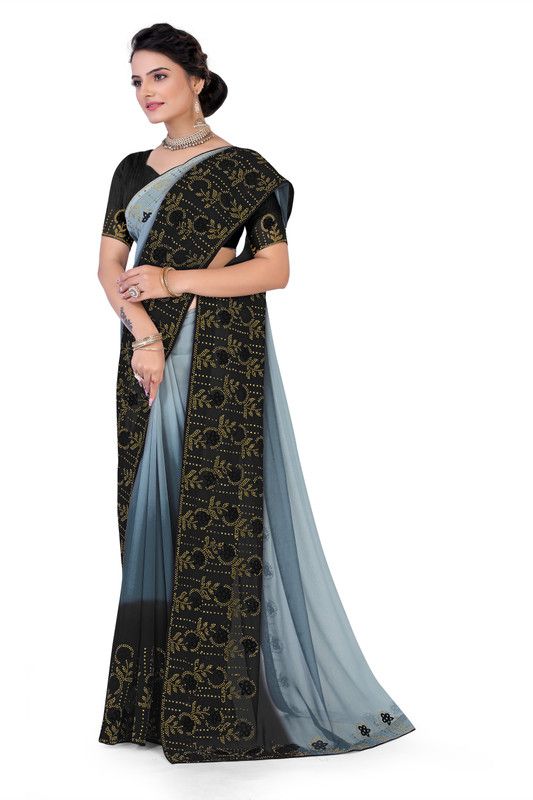 Printed Chanderi Georgette, Polyester Saree  (Black)