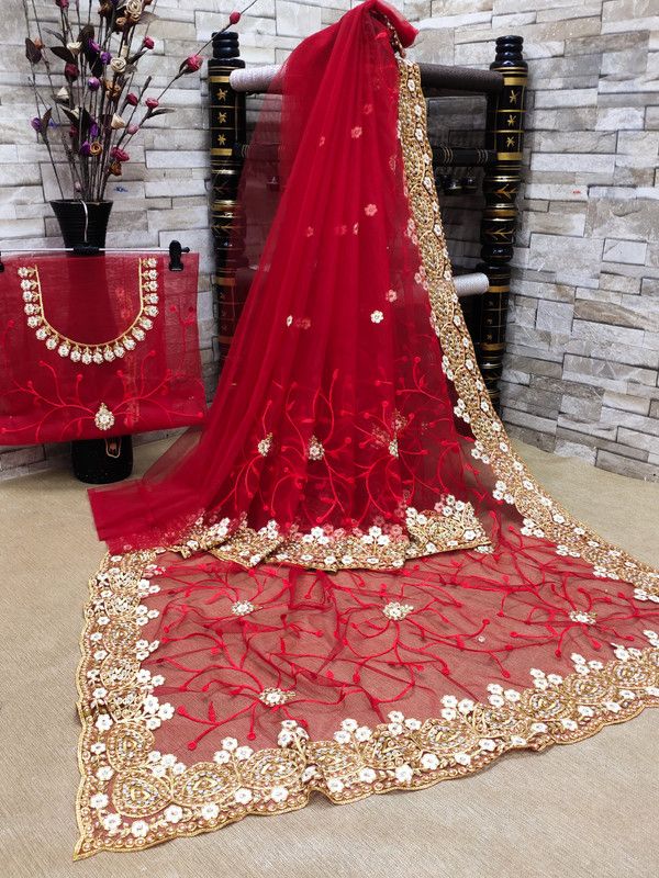 Embroidered, Woven, Floral Print Daily Wear Net Saree  (Red)