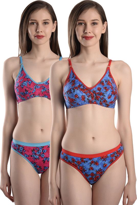 Bra & Panty Set Floral Print Red, Blue Lingerie Set
