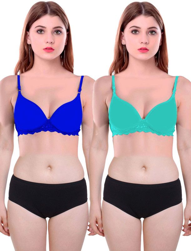 Bra & Panty Set Solid Blue, Green Lingerie Set