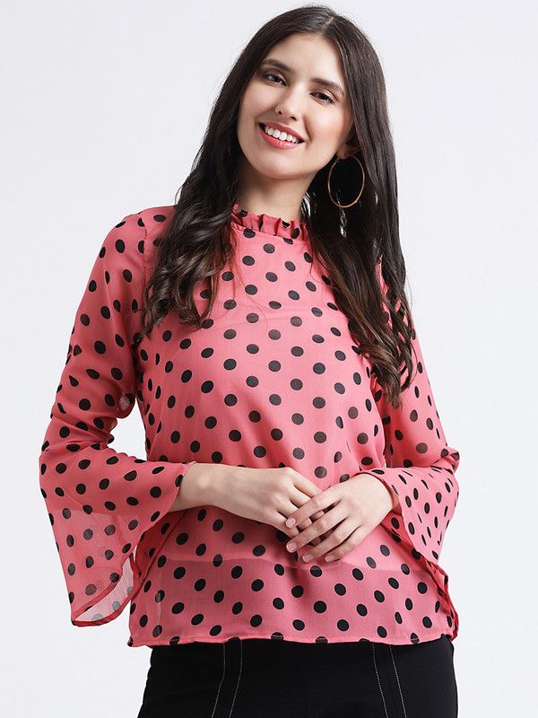 Casual Bell Sleeves Printed Women Pink, Black Top