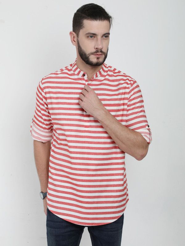 Men Striped Cotton Blend Straight Kurta  (Red, White)