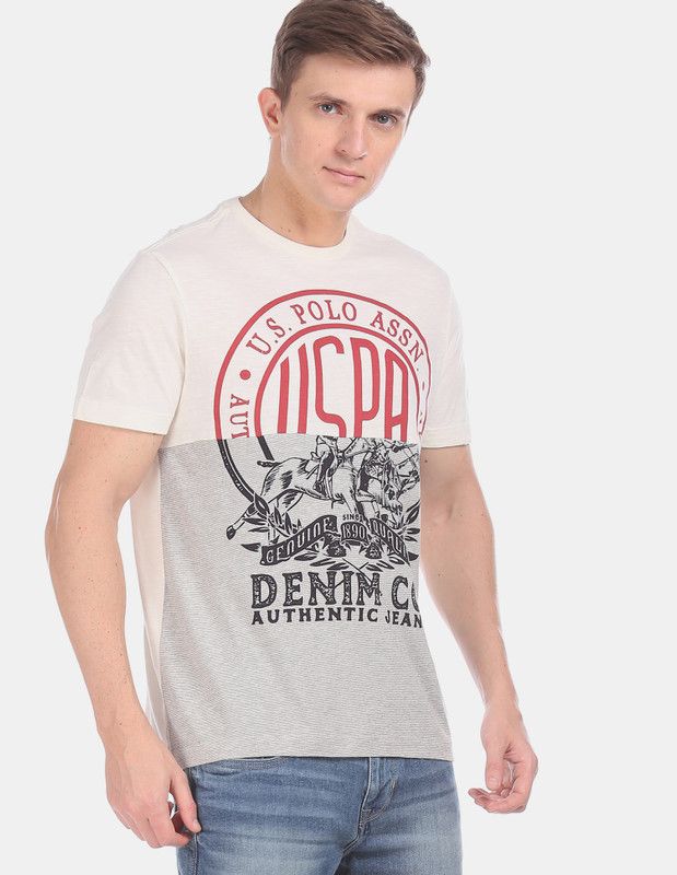 Men Printed Round Neck Cotton Blend White, Grey T-Shirt