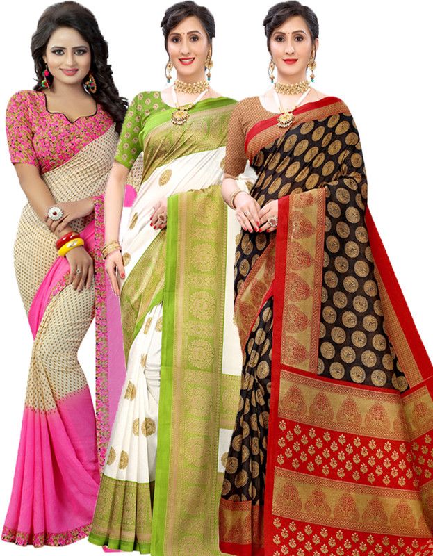 Printed Bollywood Georgette Saree  (Pack of 3, Pink, Green, Black)