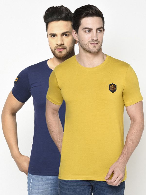Pack of 2 Men Solid Round Neck Cotton Blend Blue, Yellow T-Shirt