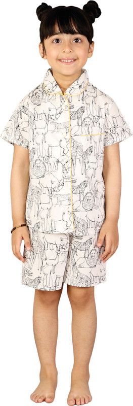 Girls Top & Shorts Set White, Black Printed