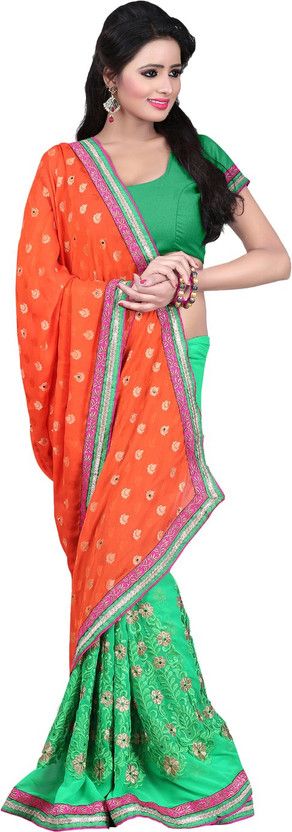 Embroidered Bollywood Cotton Blend, Art Silk Saree  (Green, Orange)