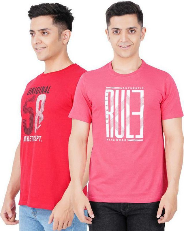 Pack of 2 Men Typography Round Neck Pure Cotton Red, Pink T-Shirt