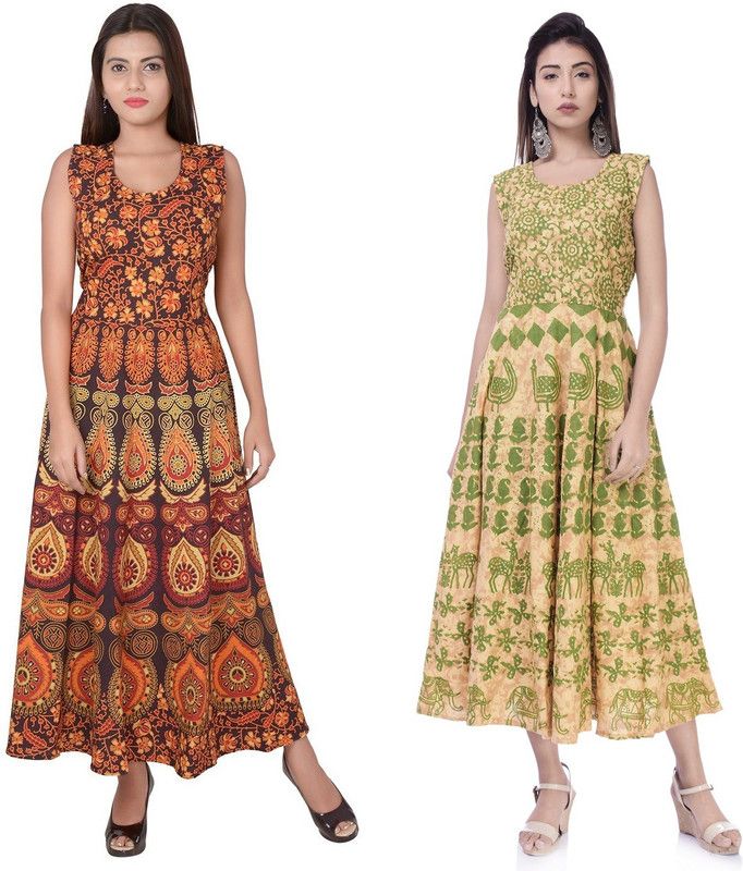 Women Maxi Brown, Beige, Green Dress