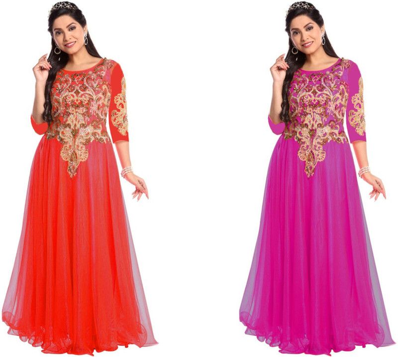 Net Semi Stitched Flared/A-line Gown  (Multicolor)