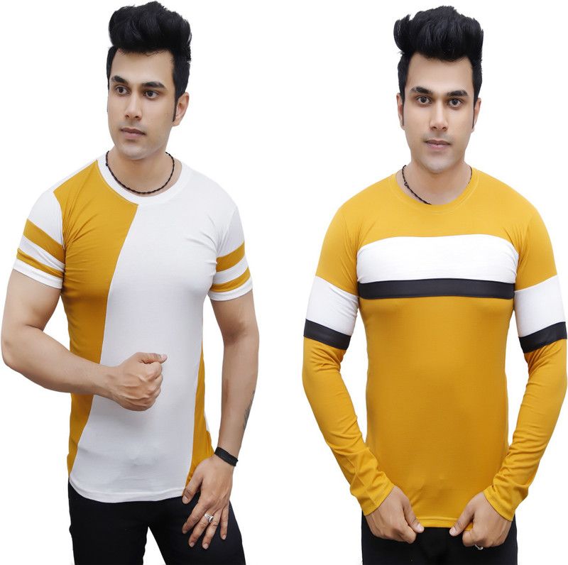 Pack of 2 Men Colorblock Round Neck Cotton Blend White, Yellow T-Shirt