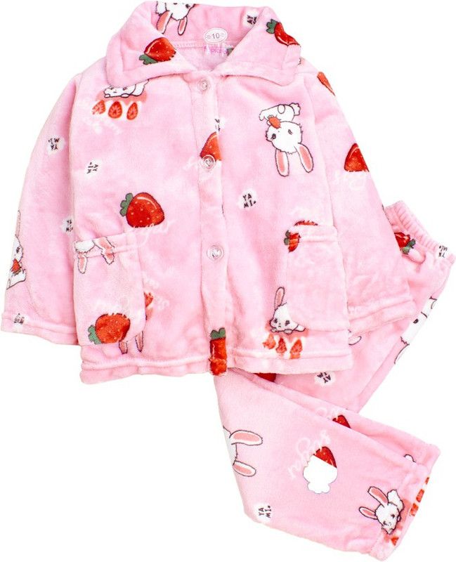 Girls Graphic Print Polyester Kids Nightwear  (Pink Pack of 1)