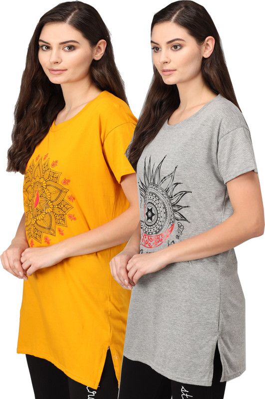 Pack of 2 Women Graphic Print Round Neck Pure Cotton Yellow T-Shirt