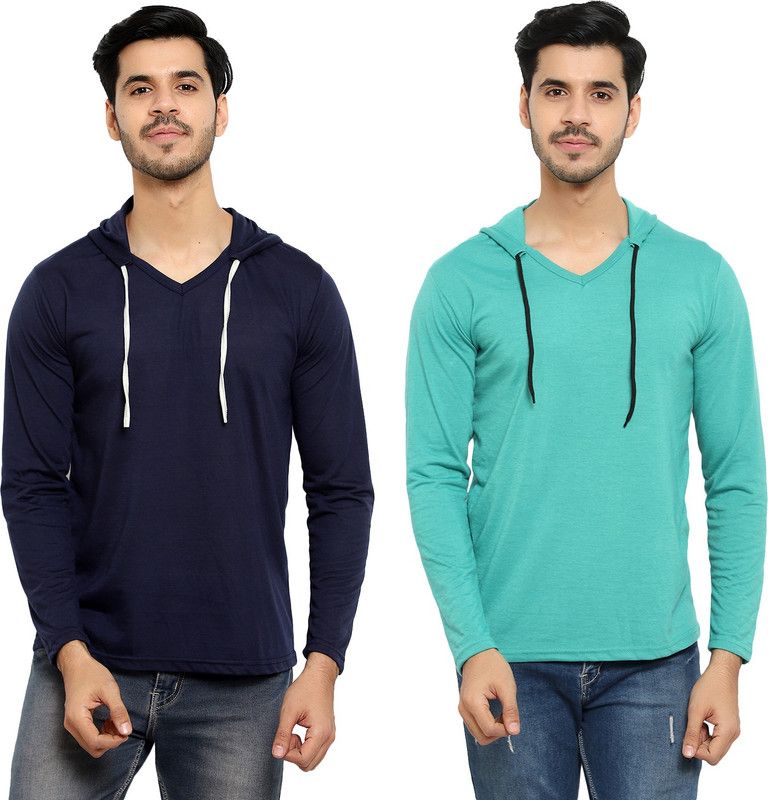 Pack of 2 HMT Men Solid Hooded Neck Cotton Blend Dark Blue, Light Green T-Shirt