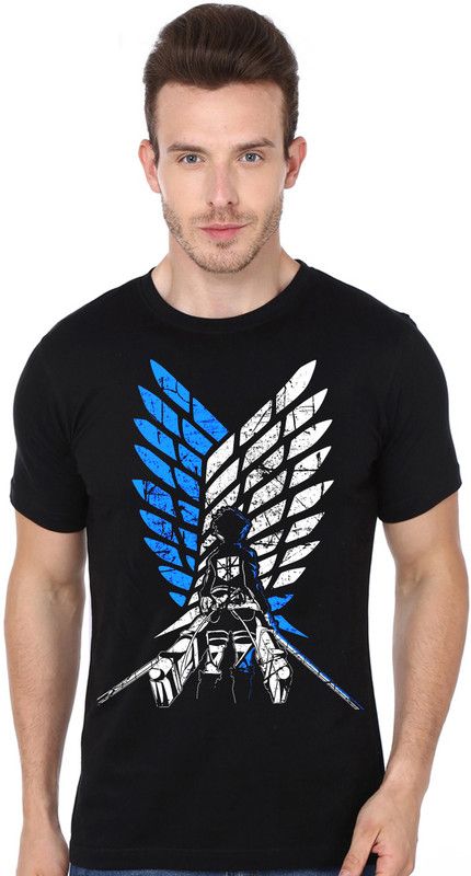 AOT MIKASA Men Graphic Print Round Neck Cotton Blend Black T-Shirt