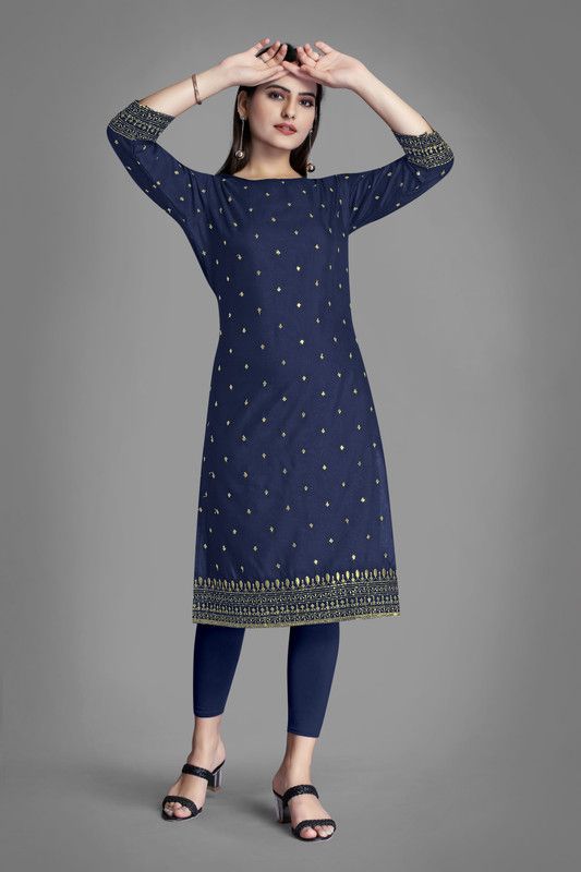 Women Embroidered Cotton Rayon A-line Kurta  (Dark Blue)