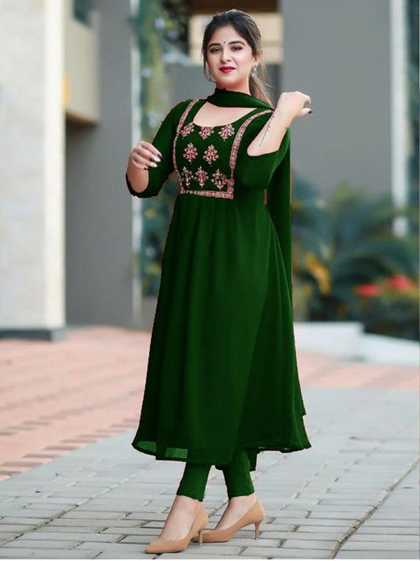 Solid, Embroidered Kurta, Churidar & Dupatta Set