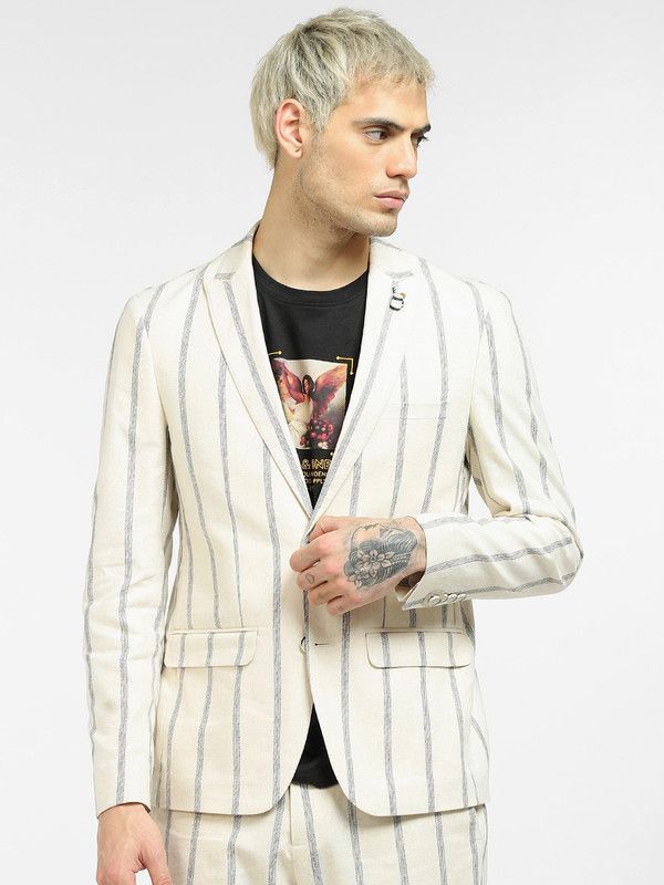 Men Striped Single Breasted Party Blazer  (Beige)