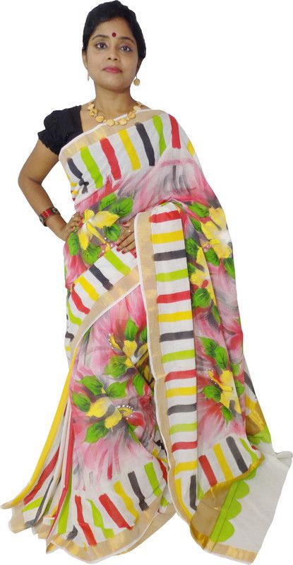Hand Painted Kasavu Pure Cotton Saree  (Multicolor)