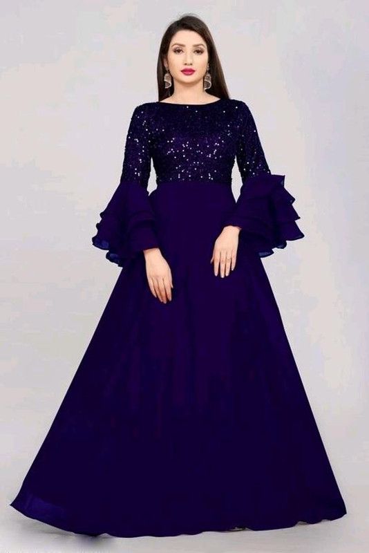 Self Design Silk Blend Stitched Flared/A-line Gown  (Dark Blue)