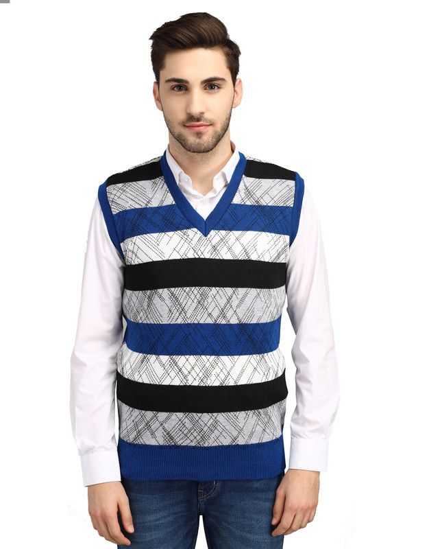 Men Striped, Printed V Neck Multicolor Sweater