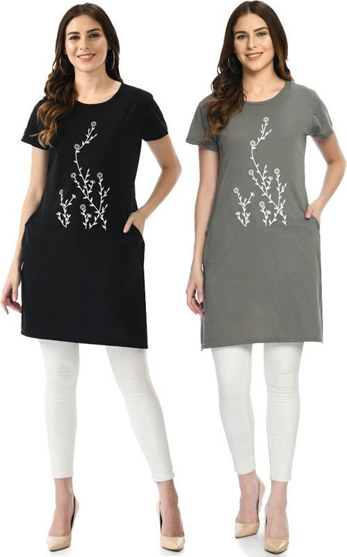 Pack of 2 Casual Cap Sleeves Printed Women Black, Grey Top