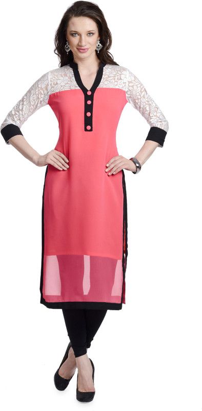 Women Self Design Georgette A-line Kurta  (Pink)