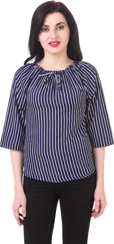 Casual Regular Sleeves Printed, Striped Women Blue Top