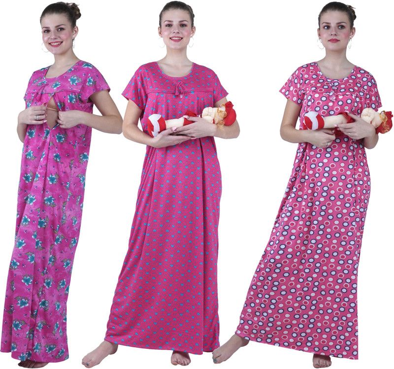 Pack of 3 Women Nighty  (Pink)