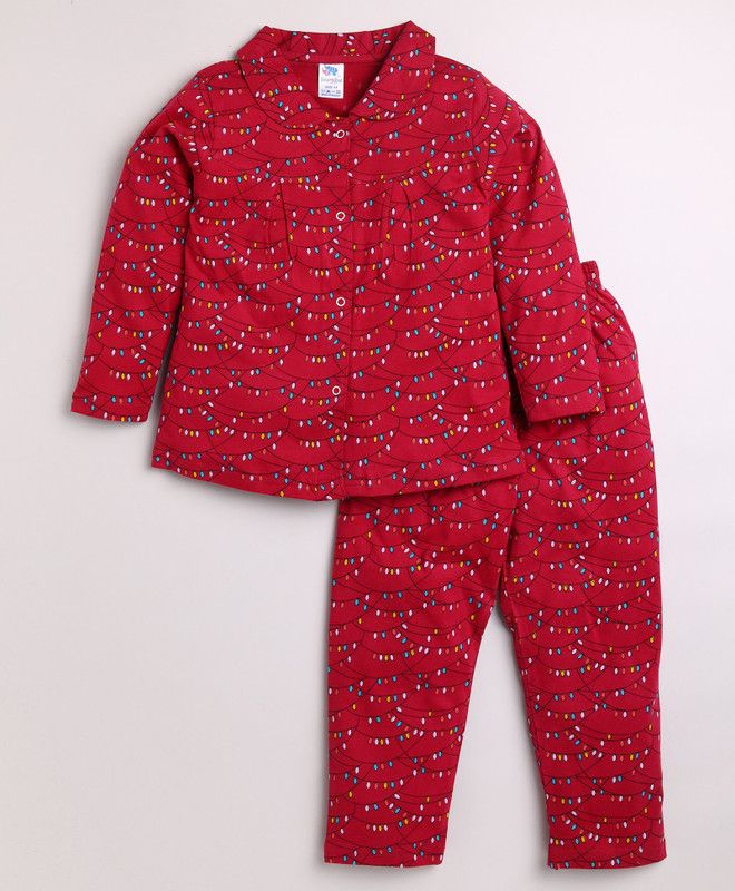 Girls Graphic Print Pure Cotton Kids Nightwear  (Red Pack of 1)