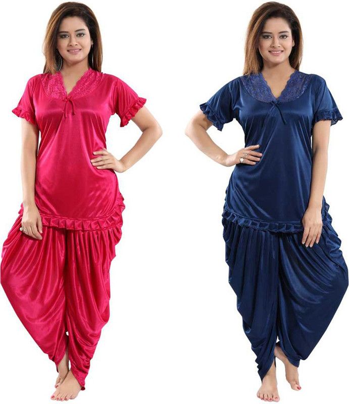 Women Top & Pyjama Set Pink, Dark Blue Solid