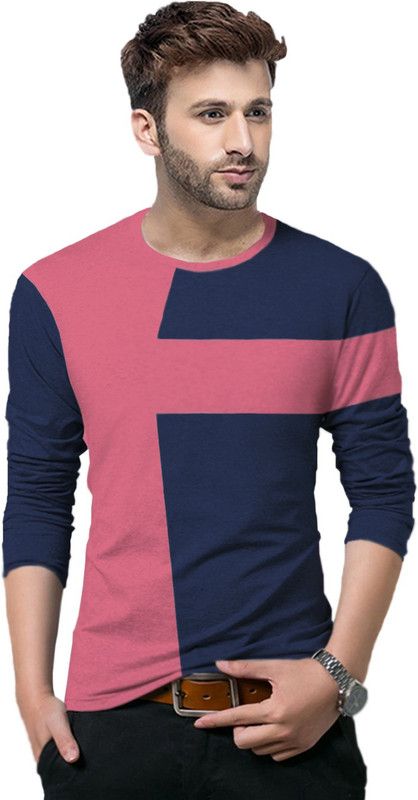Men Colorblock Round Neck Cotton Blend Dark Blue, Pink T-Shirt