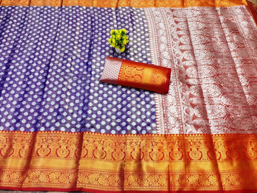 Woven Banarasi Tissue Saree  (Blue)