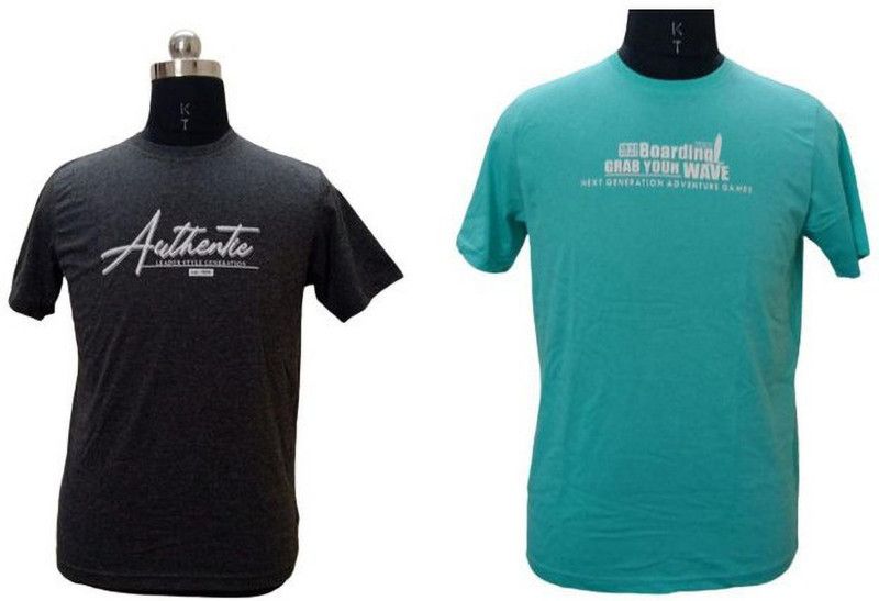 Pack of 2 Men Self Design Round Neck Cotton Blend Light Blue, Grey T-Shirt