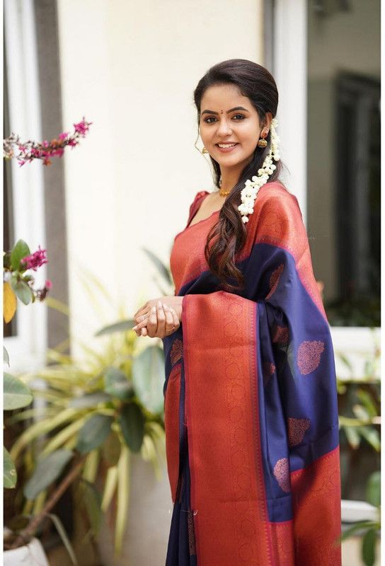 Geometric Print Banarasi Cotton Silk Saree  (Blue)