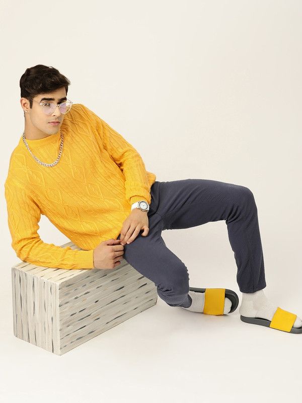 Men Self Design Round Neck Yellow Sweater