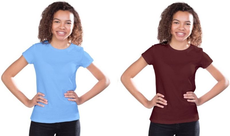 Pack of 2 Women Solid Round Neck Polyester Maroon, Grey T-Shirt