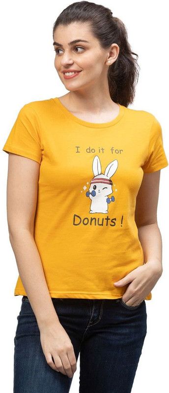 Women Printed Round Neck Pure Cotton Gold T-Shirt