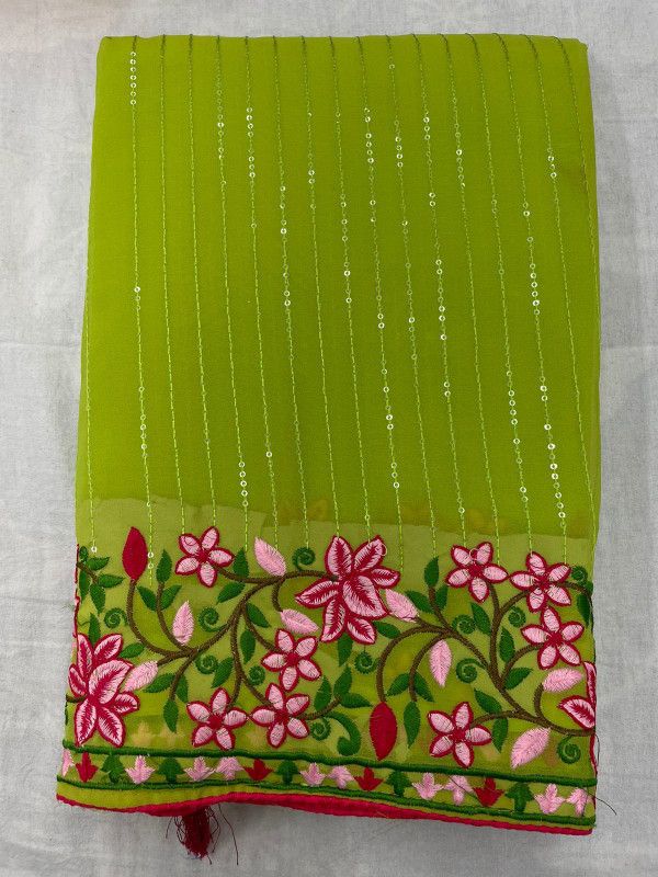 Embroidered, Solid Bollywood Georgette Saree  (Green)