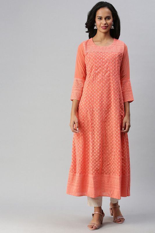 Women Printed Georgette Flared Kurta  (Orange)