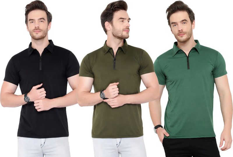 Pack of 3 Men Solid Polo Neck Cotton Blend Dark Green, Green, Black T-Shirt