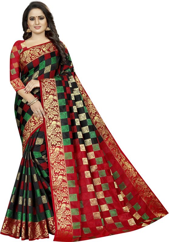 Checkered Patola Cotton Blend, Jacquard Saree  (Red, Black)
