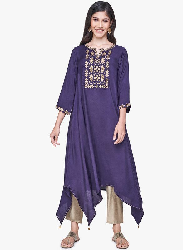 Women Embroidered Viscose Rayon Asymmetric Kurta  (Purple)