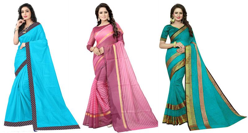 Striped, Solid/Plain, Checkered Daily Wear Art Silk, Cotton Silk Saree  (Pack of 3, Light Blue, Dark Green, Pink)