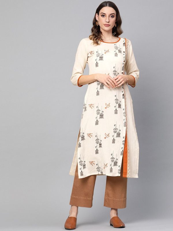 Women Printed Pure Cotton Straight Kurta  (Black, Orange, Beige)