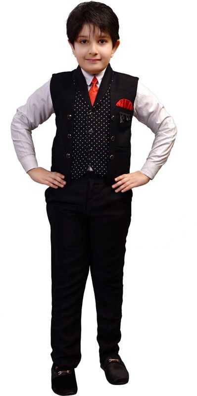 Boys Party(Festive) Waistcoat Shirt, Pant, Tie  (Black)
