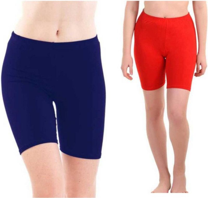 Pack of 2 Solid Women Blue, Red Cycling Shorts
