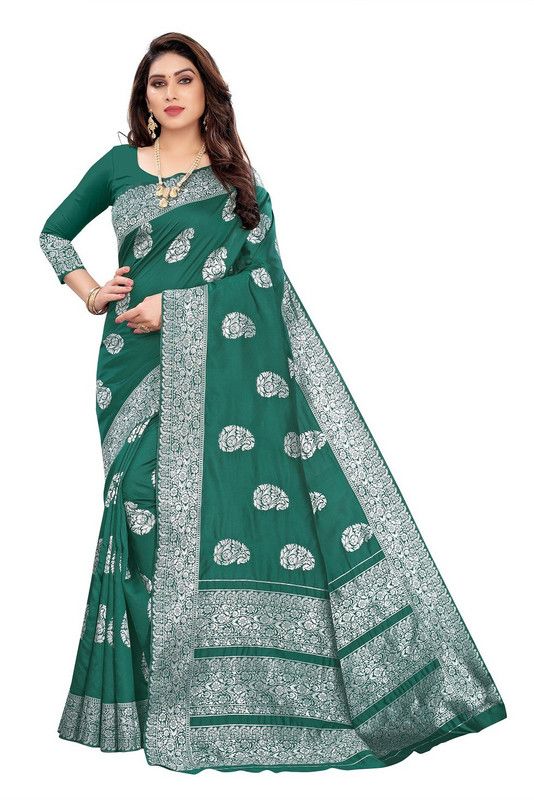 Woven Banarasi Jacquard, Silk Blend Saree  (Dark Green)