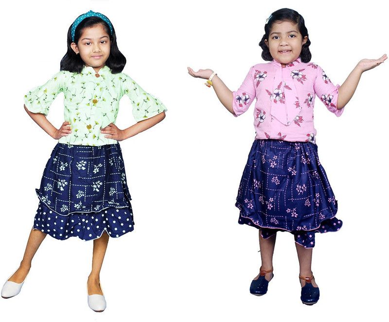 LIGHT GREEN::PINK Baby Girls Casual Top Skirt  (Light Green)