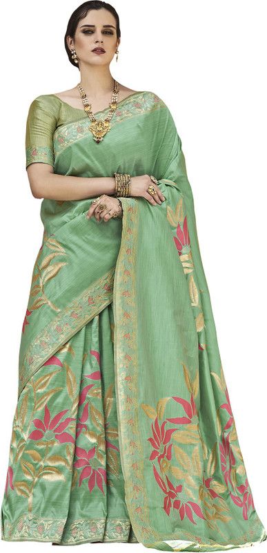 Woven Pochampally Silk Blend Saree  (Green)